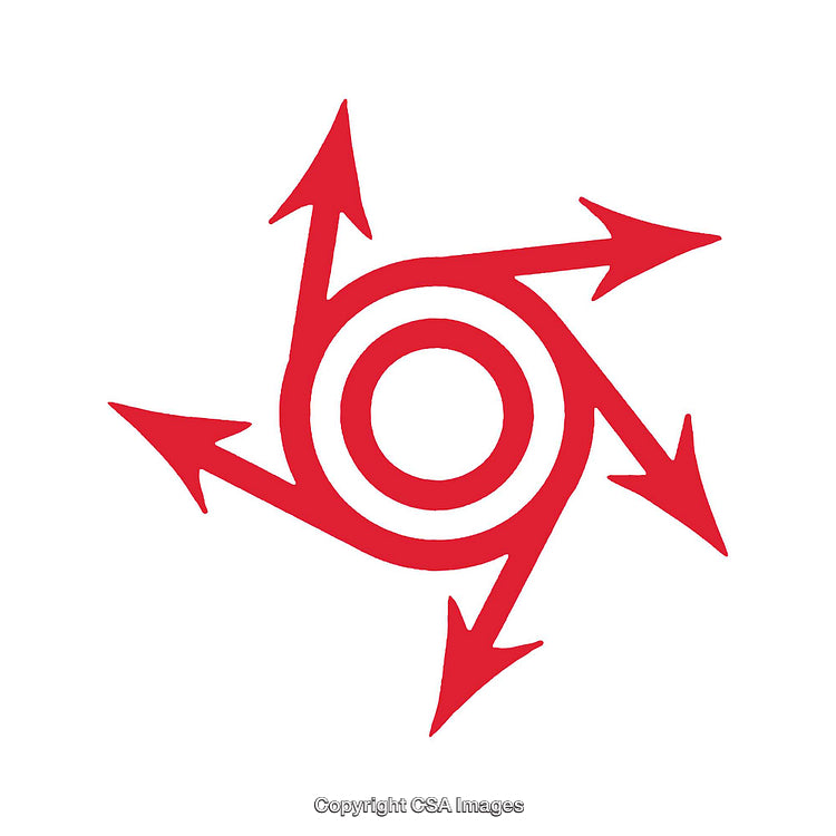 Red Abstract Icon Featuring Arrows Emerging from a Central Circular Target