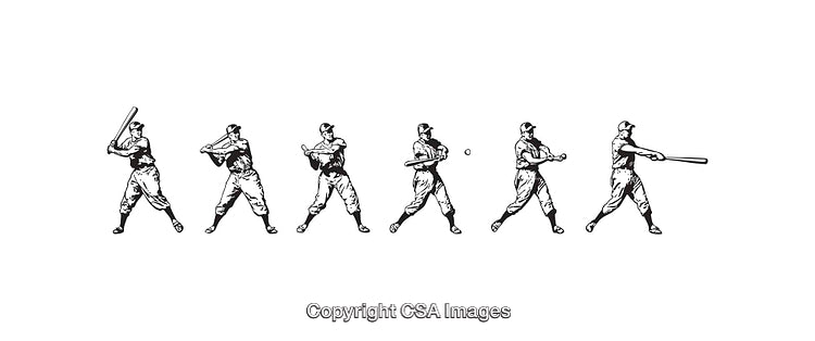 Sequence of Baseball Player Swinging Bat in Black and White Line Art