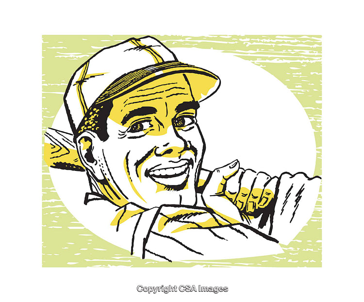 Retro Illustration of a Baseball Player Holding a Bat and Smiling