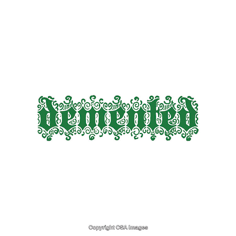 Decorative Green Gothic Typeface Displaying 'Demented' on White Background