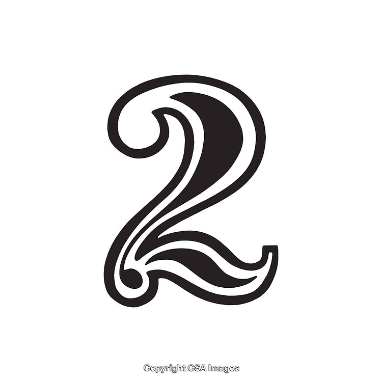 Artistic Ornate Black Number Two with Decorative Swirls on White Background