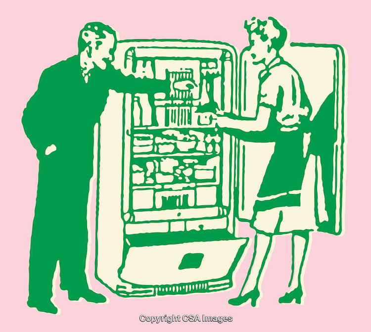 Retro Illustration of Couple Inspecting Refrigerator Contents in Line Art Style