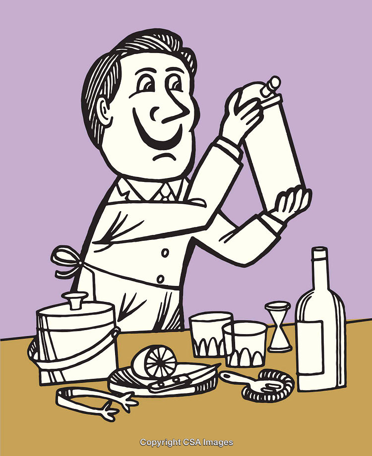 Cartoon Bartender Creating a Drink With Tools on a Table