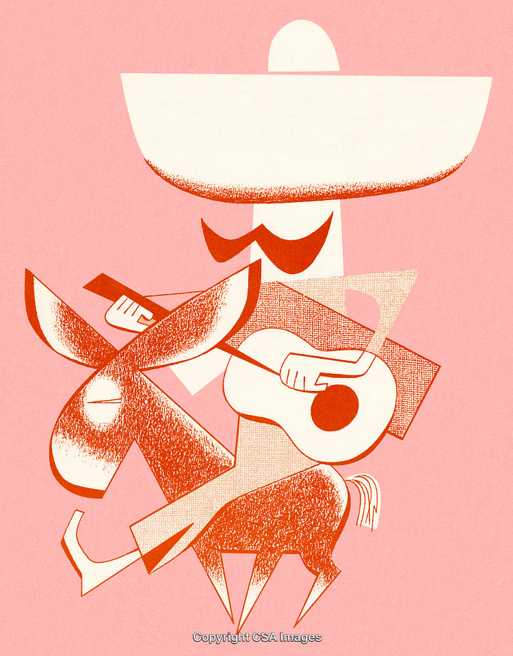 Abstract Illustration of Musician on Donkey with Guitar in Vibrant Pink Hue