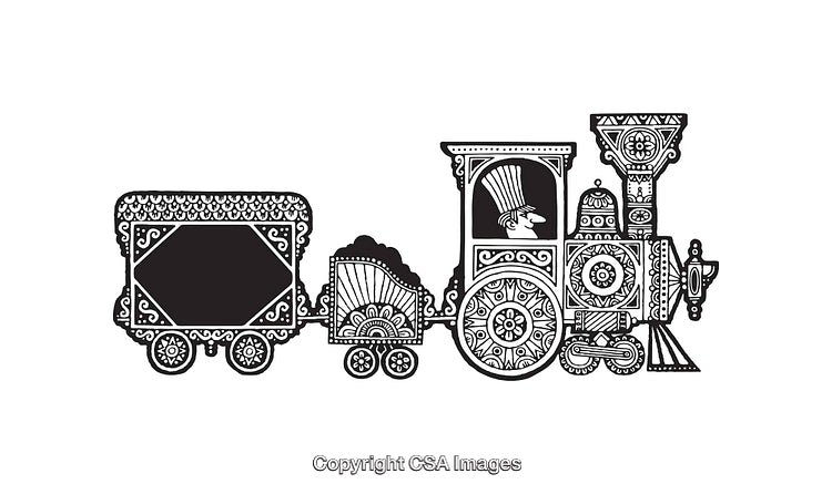 Ornate Black and White Steam Train Line Art Illustration