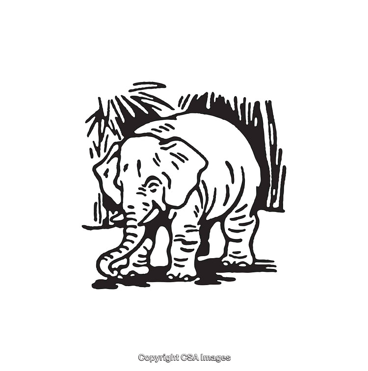 Detailed Black and White Line Art of Elephant Amidst Jungle Setting
