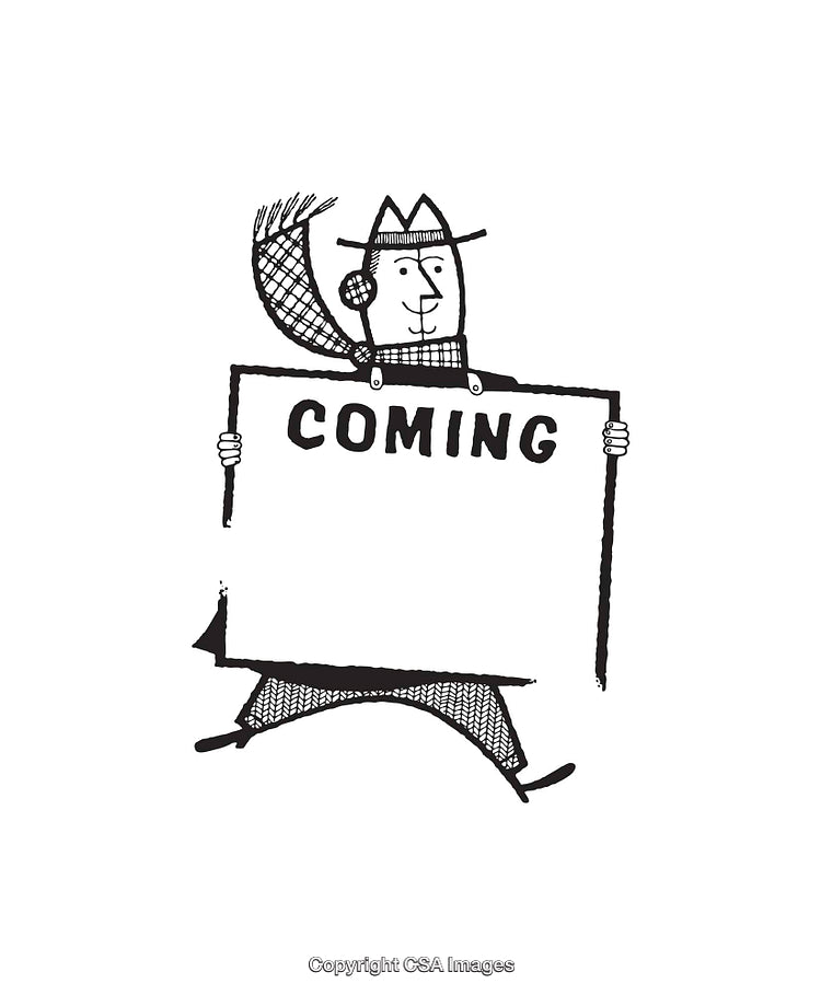 Illustrated Figure Holding a Sign with the Word "Coming" Displayed