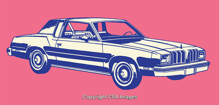 Illustration of a Retro Classic Car on Vibrant Pink Background, Line Art Style