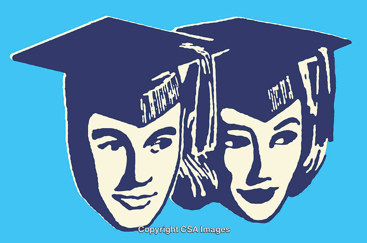 Colorful Illustration of Graduates with Caps on Blue Background