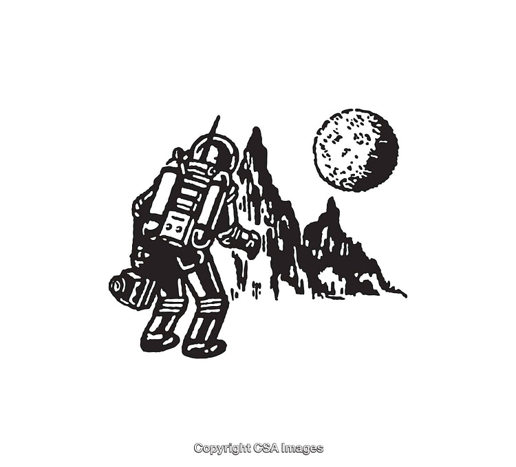 Astronaut Exploring Lunar Landscape with Mountains and a Moon in View