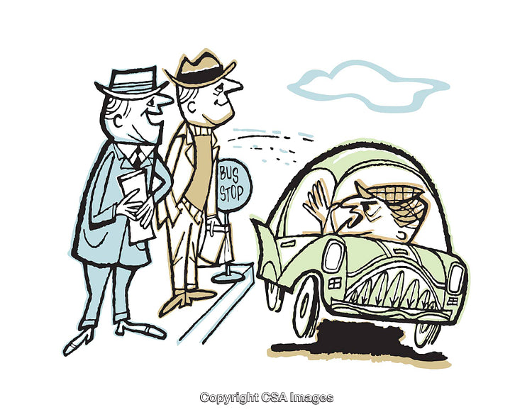 Humorous Cartoon of Man Greeting Friends at Busy Bus Stop