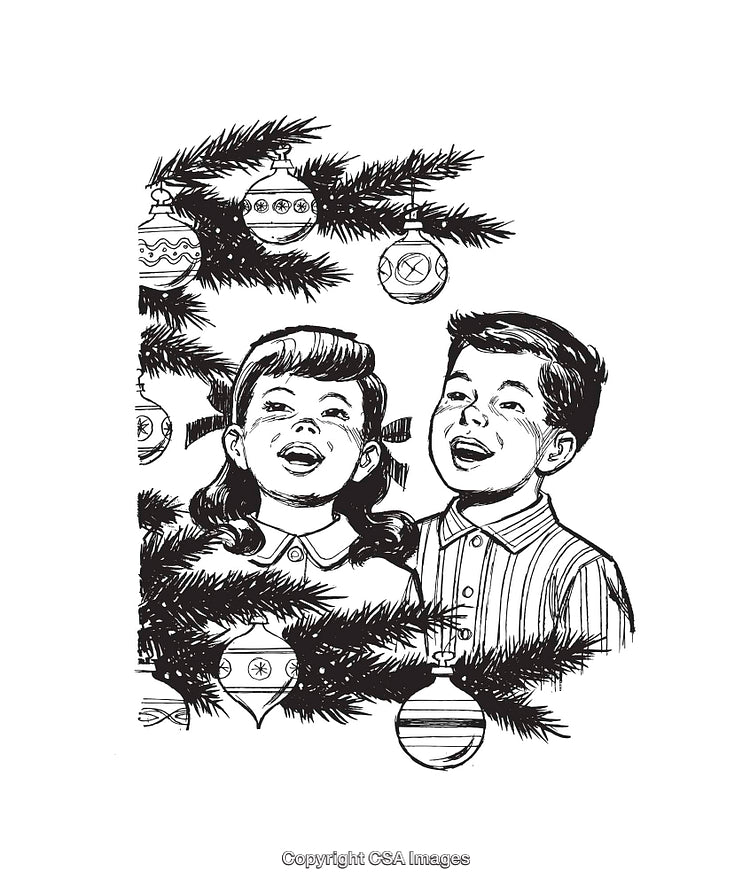 Children Singing Carols by the Christmas Tree in Vintage Illustration Style