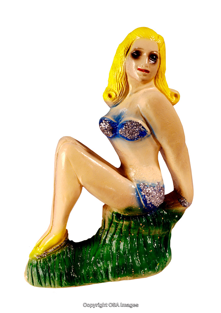 Blonde Figurine Seated on Grass in Blue Glitter Bikini