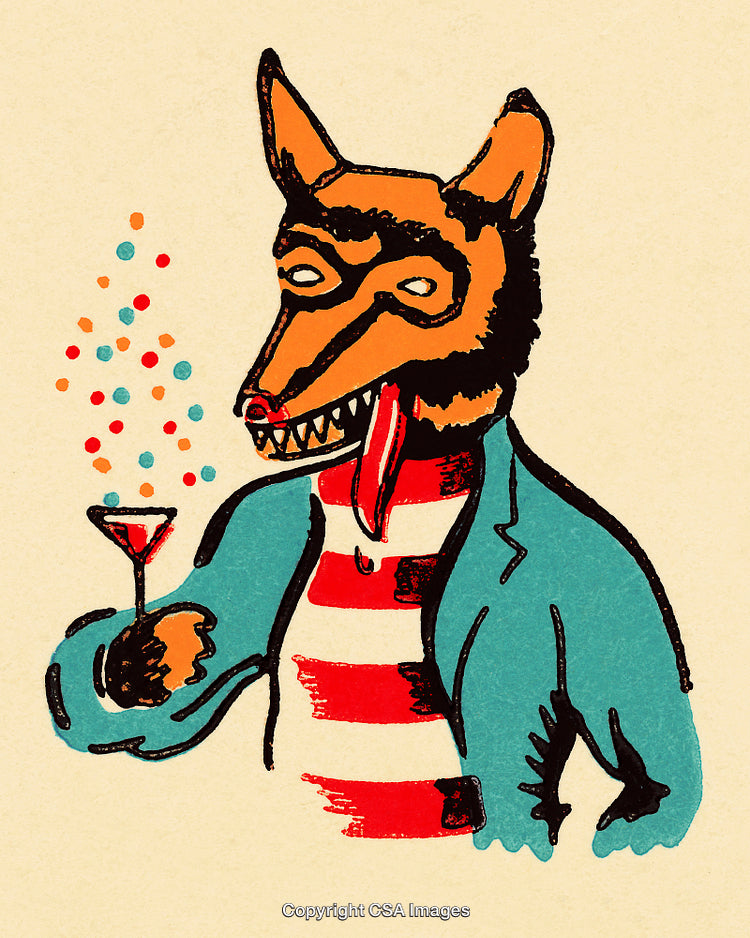 Anthropomorphic Fox Illustration with Cocktail on Colorful Background