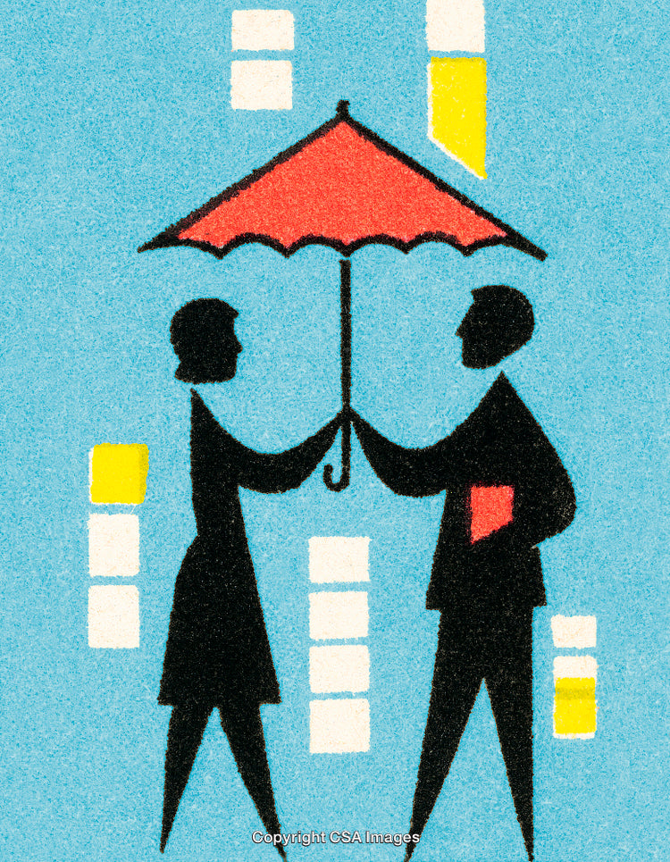 Silhouettes Sharing an Umbrella in Vibrant Geometric Art Style