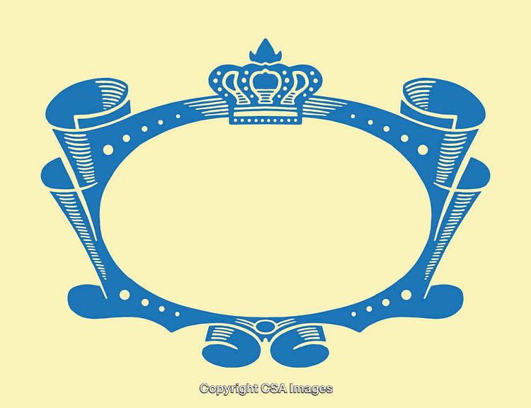 Blue Decorative Frame with Crown and Elegant Scroll Design