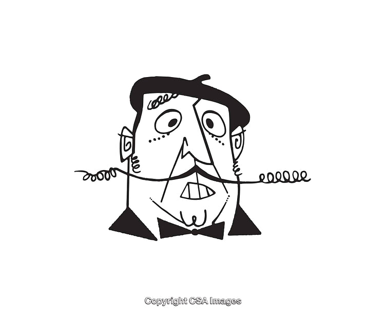 Whimsical Black and White Line Drawing of a Quirky Man with Mustache