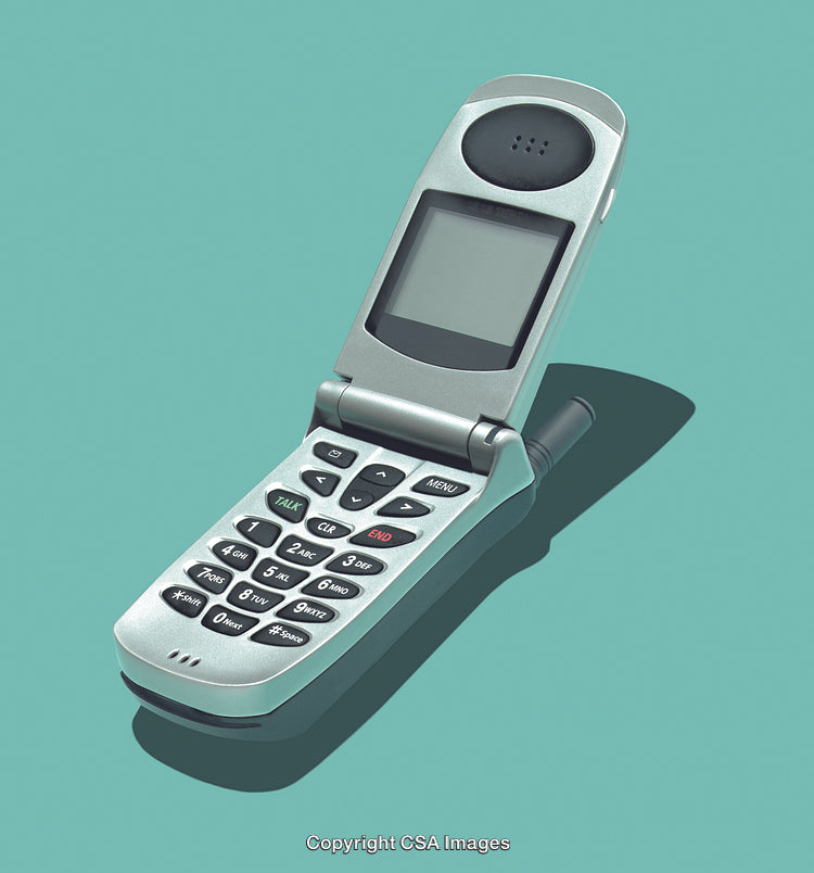 Vintage Flip Phone on Solid Turquoise Background with Shadow