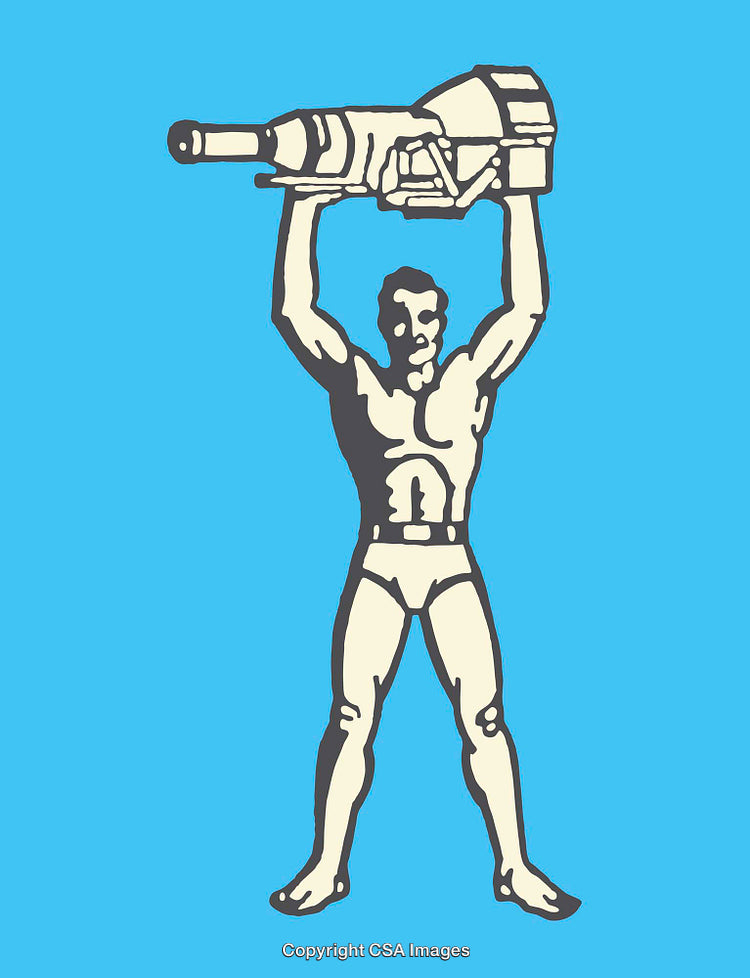 Man Holding Large Object Upward in Bold Color Line Art Style