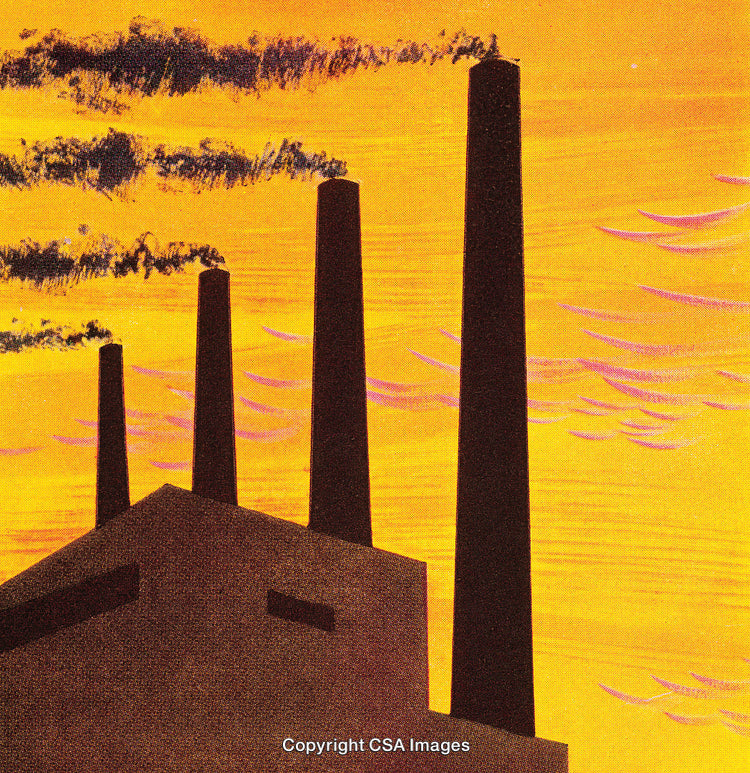 Industrial Silhouettes with Smokestacks Against a Vibrant Orange Sunset