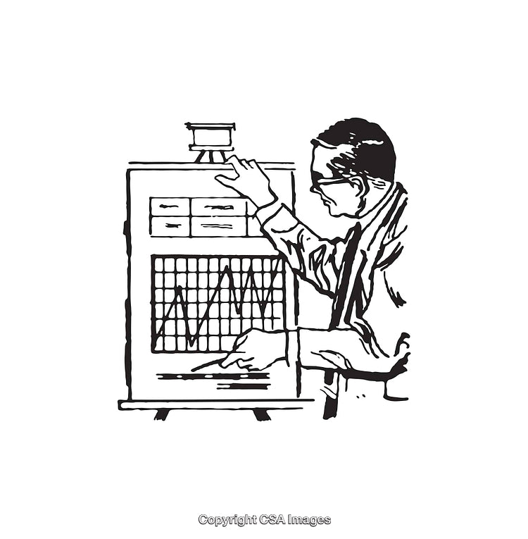 Black and White Illustration of a Business Presentation with Charts