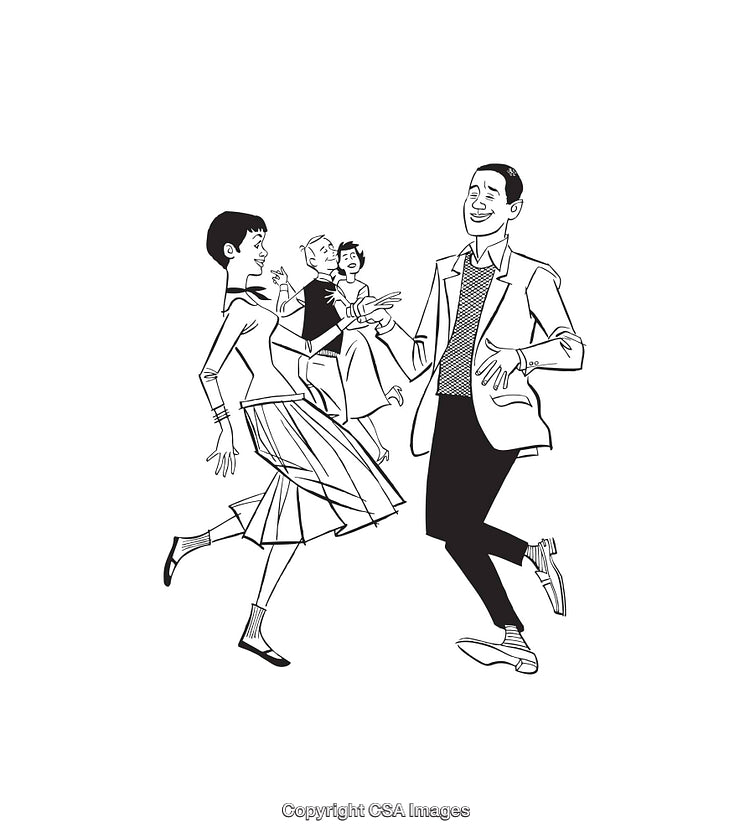 Retro-Styled Illustration of Couples Energetically Dancing in Line Art Style