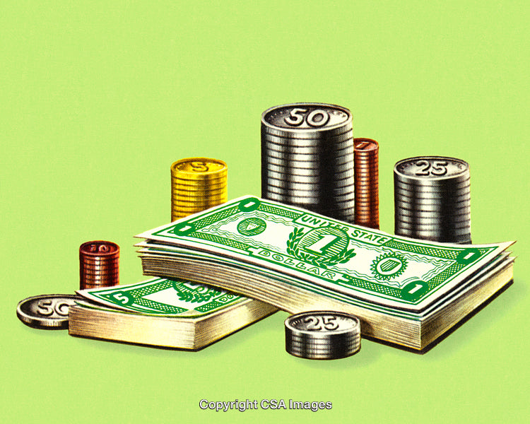 Stacks of Currency Notes and Coins on Green Background