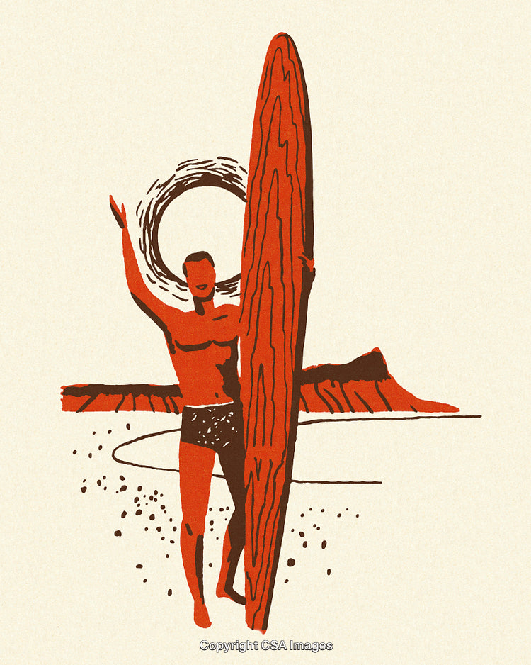 Retro Styled Surfer Holding a Longboard on a Scenic Beach