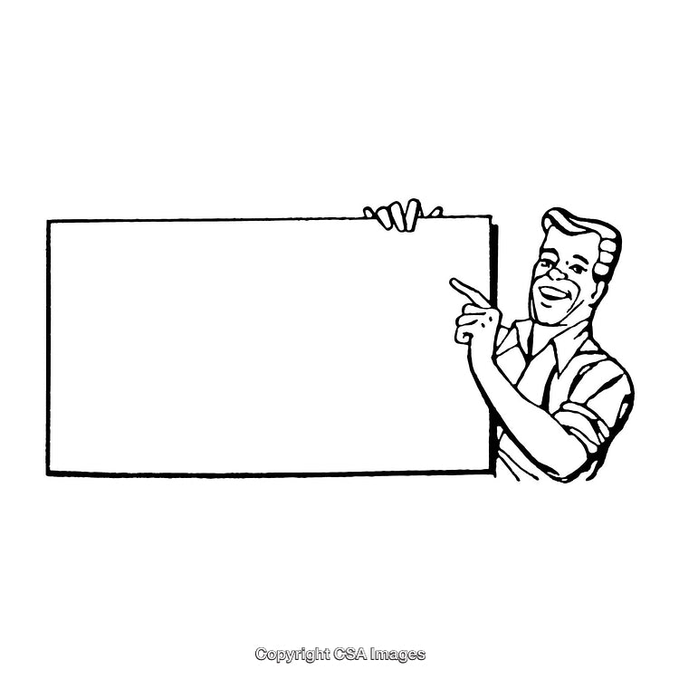 Retro Styled Man Presenting a Blank Signboard with a Charming Gesture
