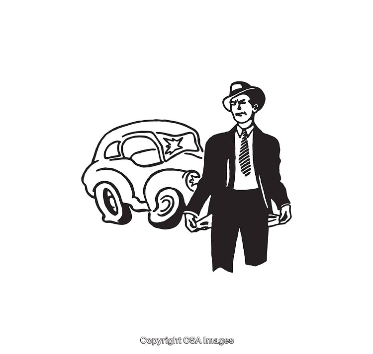 Black and White Illustration of a Broke Man with Damaged Car