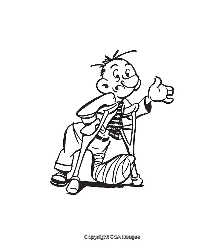 Black and White Cartoon Illustration of Injured Boy with Crutches