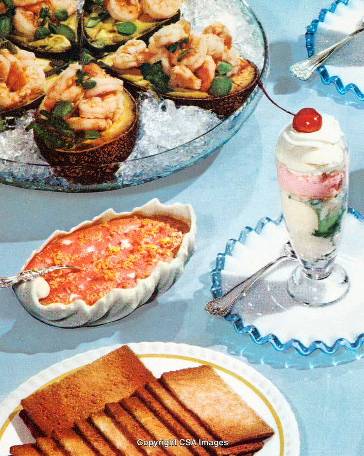 Elegant Assorted Appetizers and Desserts in Vintage Retro Style Presentation