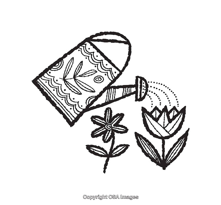 Illustrated Watering Can with Flowers in Black and White Line Art