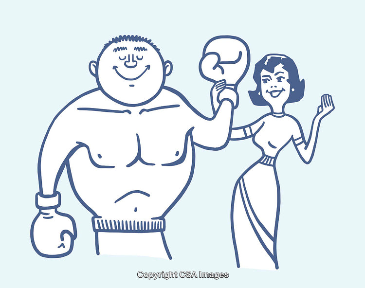Illustration of a Smiling Boxer and a Cheerful Woman, Line Art Style