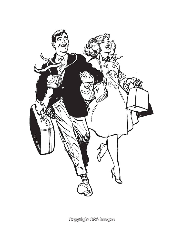 Retro Line Art Couple Carrying Luggage in Joyful Mood