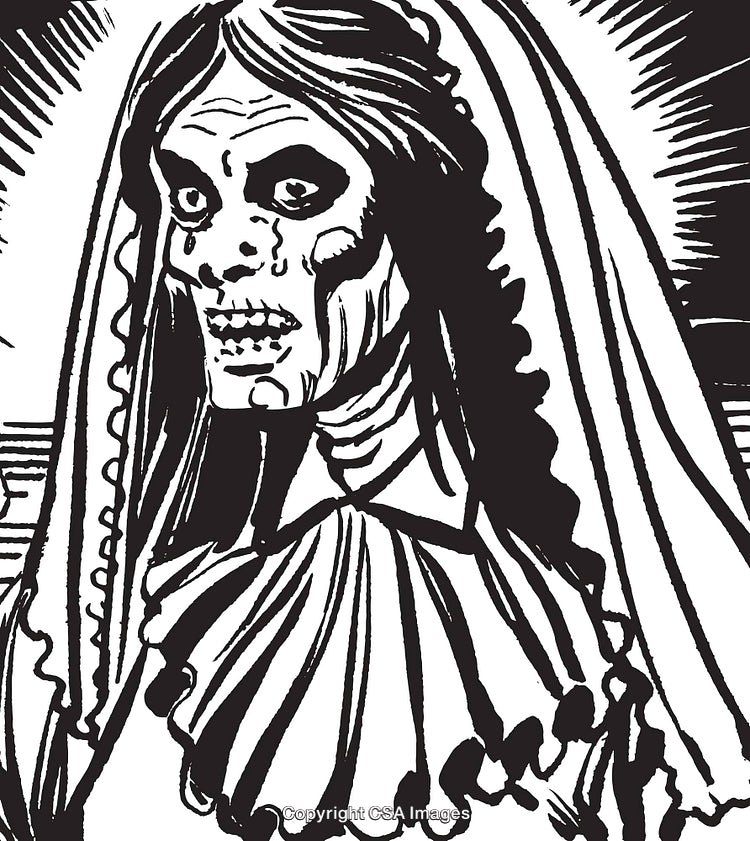 Monochrome Artwork of Skeletal Woman in a Traditional Dress
