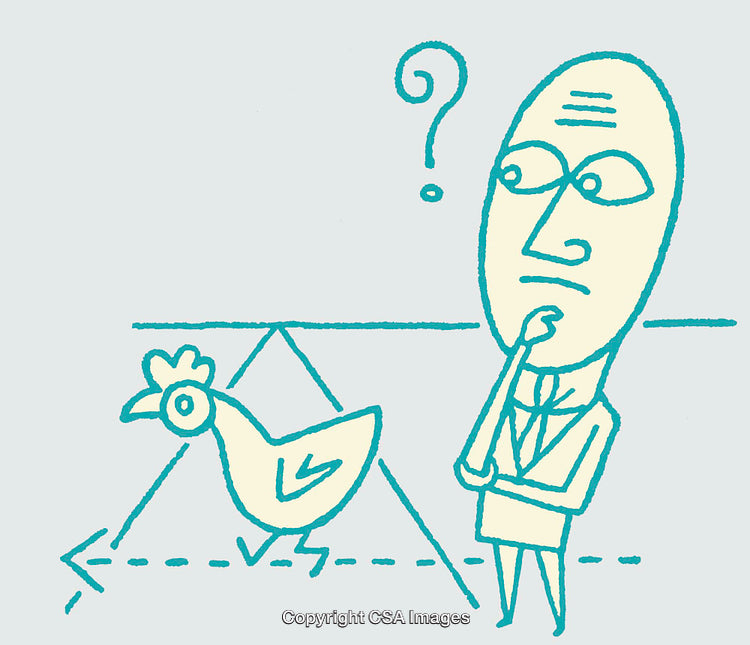 Abstract Illustration of a Person Contemplating a Chicken's Path with Curious Expression