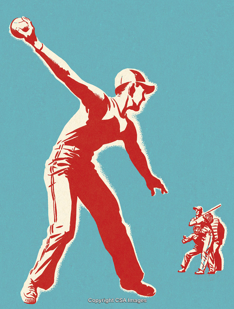 Retro Baseball Illustration Featuring Pitcher and Batter in Stylized Artwork