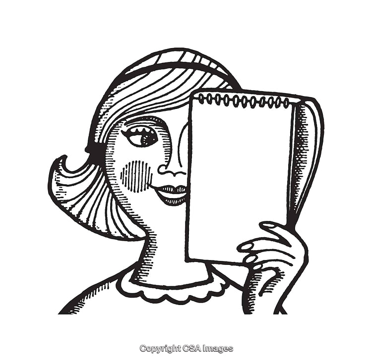 Black And White Line Art Illustration of Woman Holding a Notebook Page