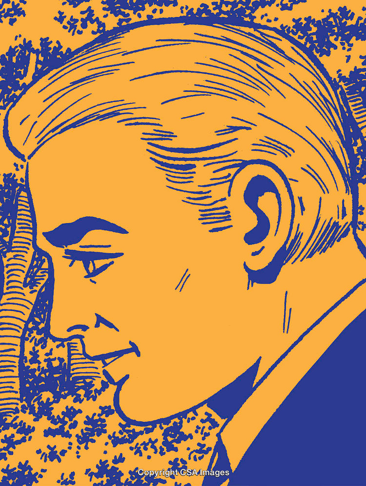Pop Art Portrait of Thoughtful Man in Vibrant Blue and Yellow Colors