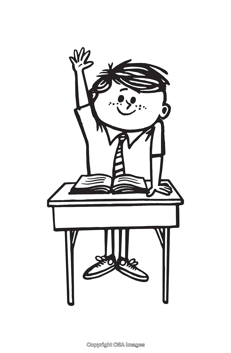 Black and White Drawing of Child Raising Hand at Desk