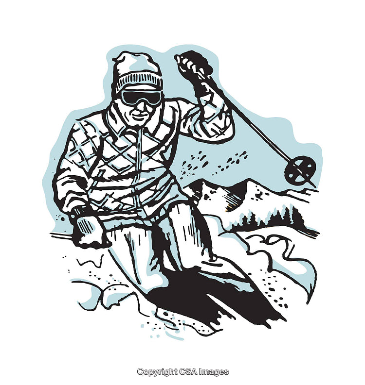 Colorful Illustration of a Skier Descending a Snowy Mountain