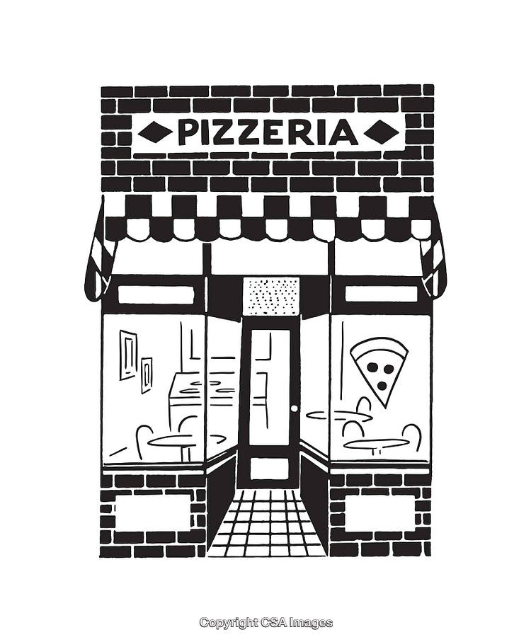 Black And White Line Art Illustration of a Cozy Pizzeria Storefront