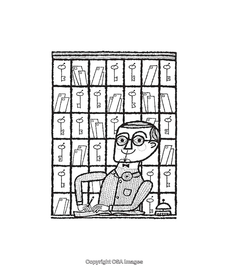 Black and White Line Art Illustration of a Man in an Office Setting