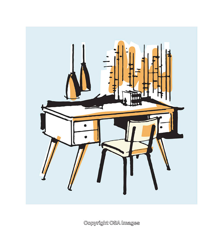 Mid-Century Modern Desk and Chair Illustration in Minimalistic Style