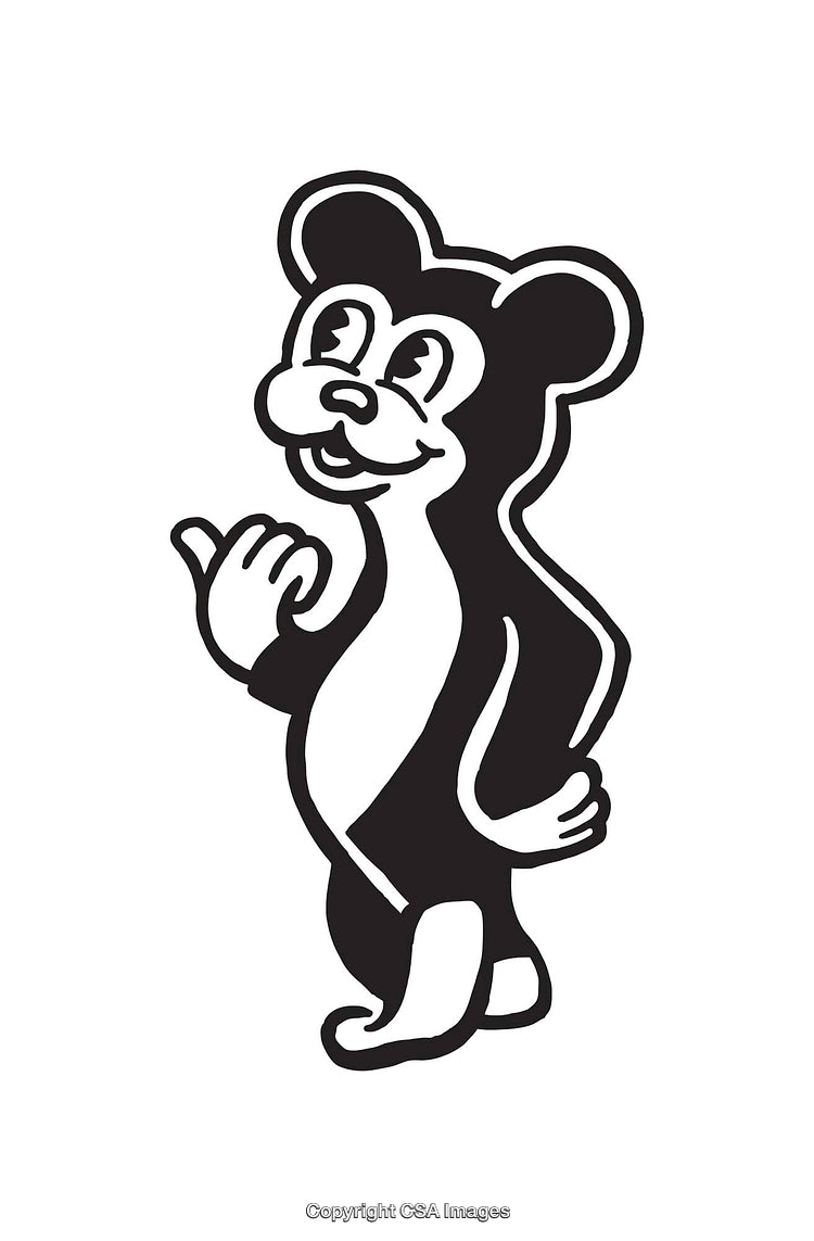 Black and White Illustration of a Cartoon Bear Character Waving