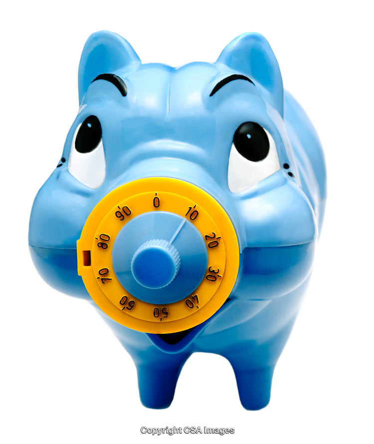 Blue Toy Piggy Bank with Safe-Like Dial on White Background