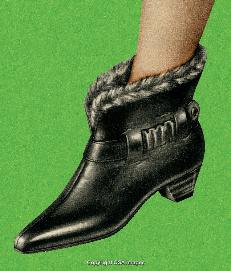 Stylish Black Leather Ankle Boot With Lined Fur on Green Background