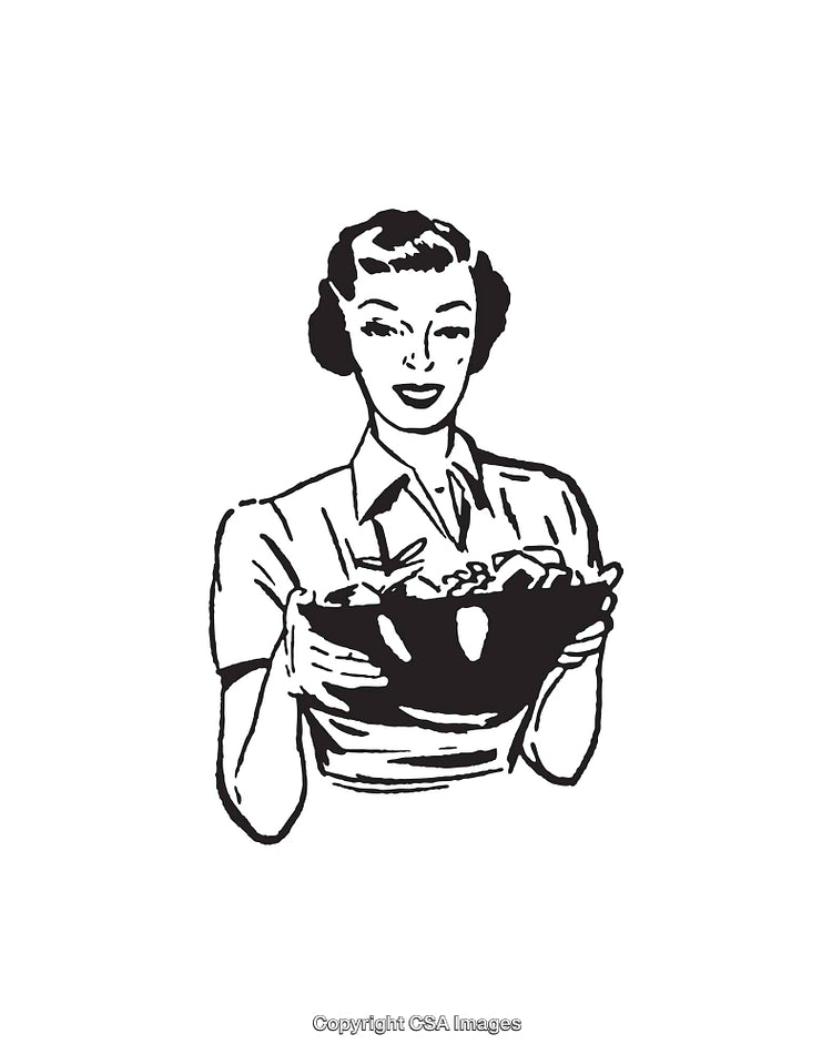 Vintage Line Art Woman Holding a Salad Bowl, Retro Illustration