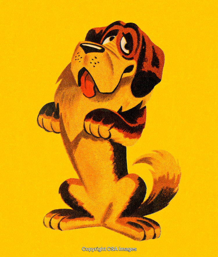 Charming Cartoon Dog on Yellow Background Expressing Playful and Endearing Emotions